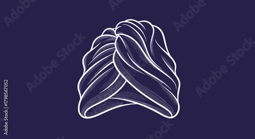 A detailed white sketch of a turban on a navy blue background.