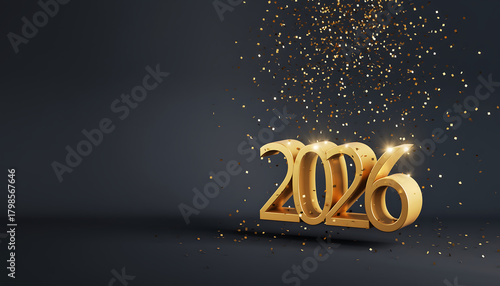 Golden 2026 numerals sparkle amidst falling confetti for New Year celebration