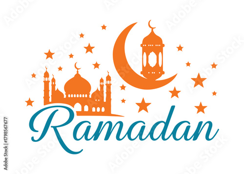 An artistic graphic design that highlights the word Ramadan, featuring a crescent moon, a lantern, a mosque, and twinkling stars.

