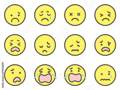 Colored Sad Face Emoji Set Showing Various Negative Emotions