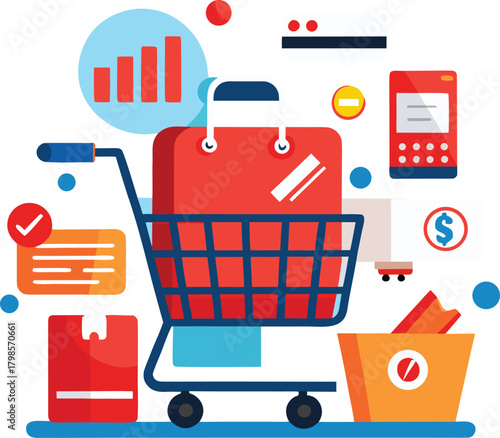 Flat design shopping cart illustration for e commerce and retail