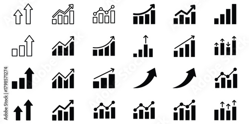 Collection of diverse upward trending bar and line graph icons representing growth and success