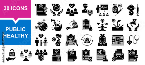 Vector set of public healthy glyph collection. Containing healthcare, medical, drug, hospital, public