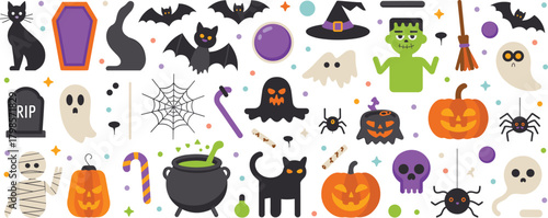 Cute flat Halloween icons collection with pumpkins ghosts black cats spiders witch hat cauldron mummy Frankenstein and spooky decorative elements