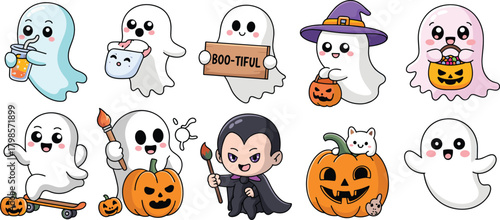Cute Halloween ghost characters collection with pumpkins candy costumes vampire boy and adorable kawaii style illustrations perfect for festive holiday designs