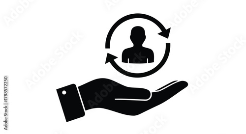 Hand holding a person icon with circular arrows isolated on
