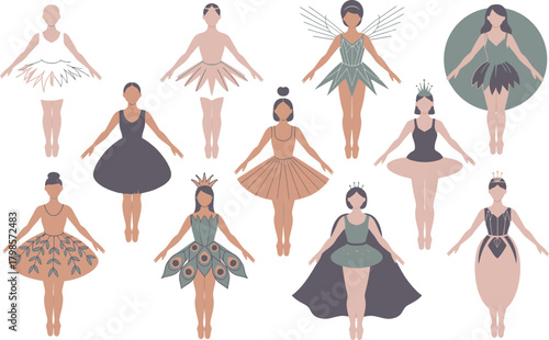 Collection of Unique Ballet Dancers in Various Costumes, Represented with Simple Graphics on White Background