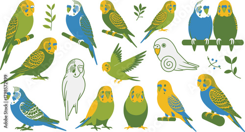 Colorful Budgerigar Parrots Illustration Green, Blue, Yellow, and White Birds with Plant Accents