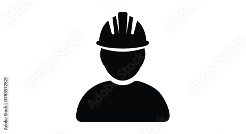 Black silhouette icon of a construction worker wearing a hard hat, isolated on