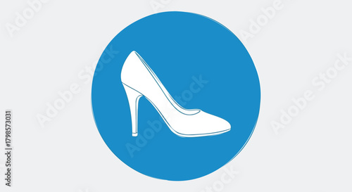 A white high heel shoe icon in a blue circle on a grey background