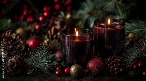 christmas candle and decorations, christmas still life, dark christmas candles, moody holiday still life, pinecone and ornament decor, cozy festive candlelight, red and gold christmas aesthetic