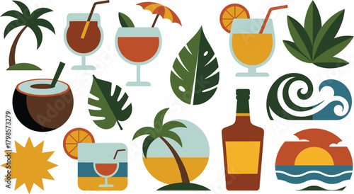 Colorful Design Featuring Tropical Palm Trees, Cocktails, Sunset, Ocean Waves, and Exotic Plants