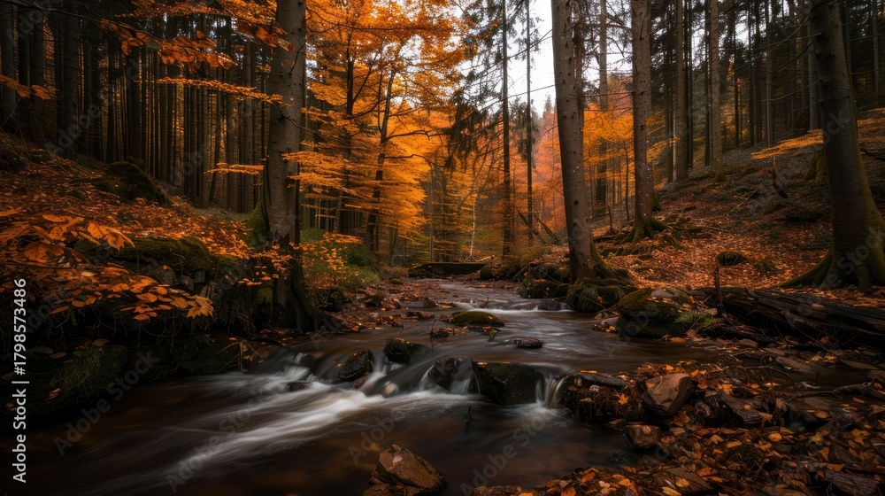 Fototapeta premium Autumn Forest Scene with Flowing Stream and Vibrant Orange Leaves