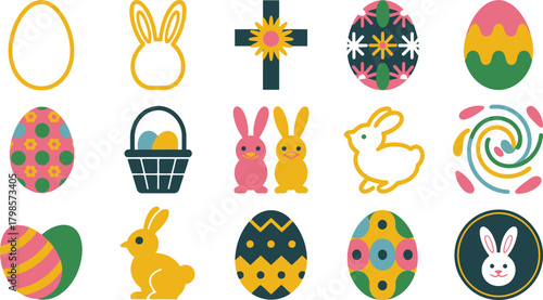Colorful Easter Icons Eggs, Bunnies, Cross, and Basket Representing the Spring Holiday