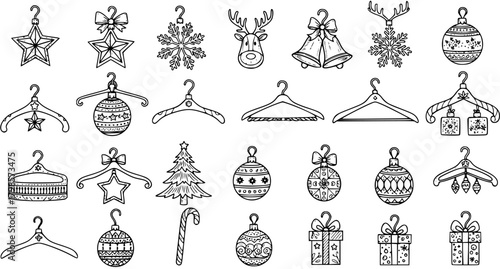 Collection of hand-drawn doodle Christmas and winter holiday decorations, featuring festive ornaments, stars, bells, reindeer, gifts, and unique clothes hanger designs