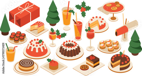 Isometric Christmas dessert collection with festive cakes, puddings, pastries, holiday drinks, holly decorations and seasonal sweets for winter celebration