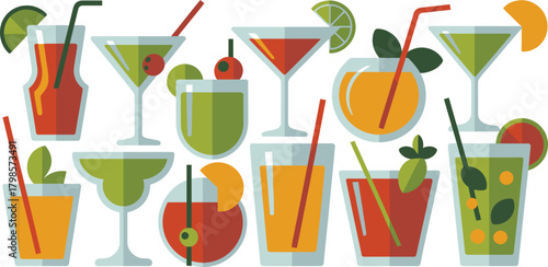 Colorful Flat Illustration Collection of Cocktails and Drinks with Garnishes and Straws on White