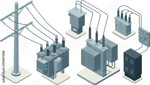 Isometric electrical substation components with transformers, power poles, control panels, switchgear units and distribution equipment for energy infrastructure illustration