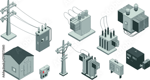 Isometric electrical substation components with transformers, power poles, control panels, switchgear units and distribution equipment for energy infrastructure illustration