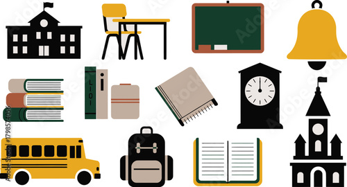 Colorful School Clipart Collection Building, Desk, Books, Blackboard, Bell, Clock, Bus, Backpack, and Open Book
