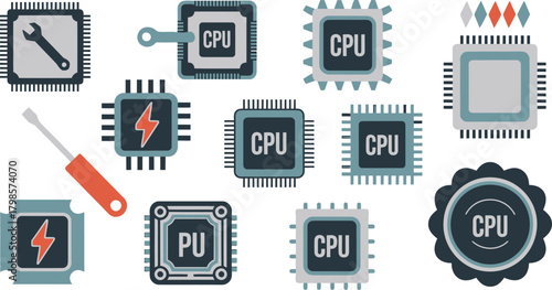 Computer Chip Icons CPU, PU, Power, and Tool Illustrations on White Background, Simple Design