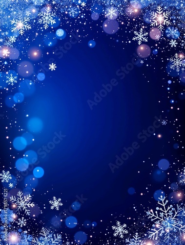 Luxury sapphire Christmas background featuring glowing bokeh and elegant frosted snowflake borders