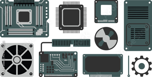 Computer Hardware Components Motherboard, CPU, Heatsink, GPU, Fan, and Other Parts Illustration