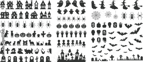 Large collection of Halloween silhouette icons featuring haunted houses bats ghosts pumpkins spiders cats graves witches hands and spooky decorative elements