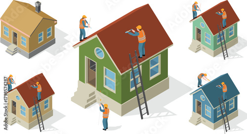 Isometric home repair workers installing security cameras, inspecting roofs, fixing windows and conducting maintenance on small residential houses with ladders