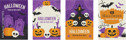 Set of four Halloween party posters with pumpkins skulls bats graveyard spooky illustrations in vibrant purple orange holiday themed graphic designs