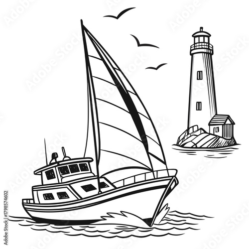Naval Journey: A nautical scene unfolds as a sailboat navigates the open sea, passing a sentinel lighthouse. The image evokes a sense of adventure, exploration.