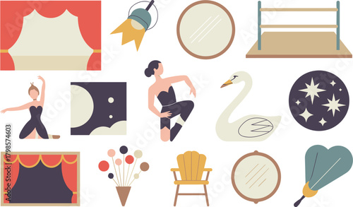 Ballet Stage and Accessories Featuring Ballerinas, Swan, Stage Lights, Curtain, Stars, Mirrors, and More