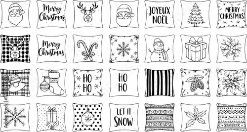 Hand-Drawn Black and White Christmas Pillow Designs Collection with Festive Holiday Cushions featuring Santa, Reindeer, Snowflakes, and Patterns
