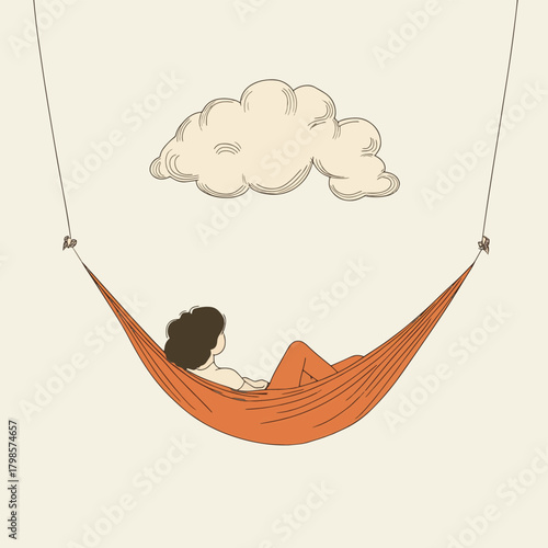 Simple line drawing of person lying in hammock with thought clouds above, expressing relaxation and contemplation in minimalistic style   , vector style simple color