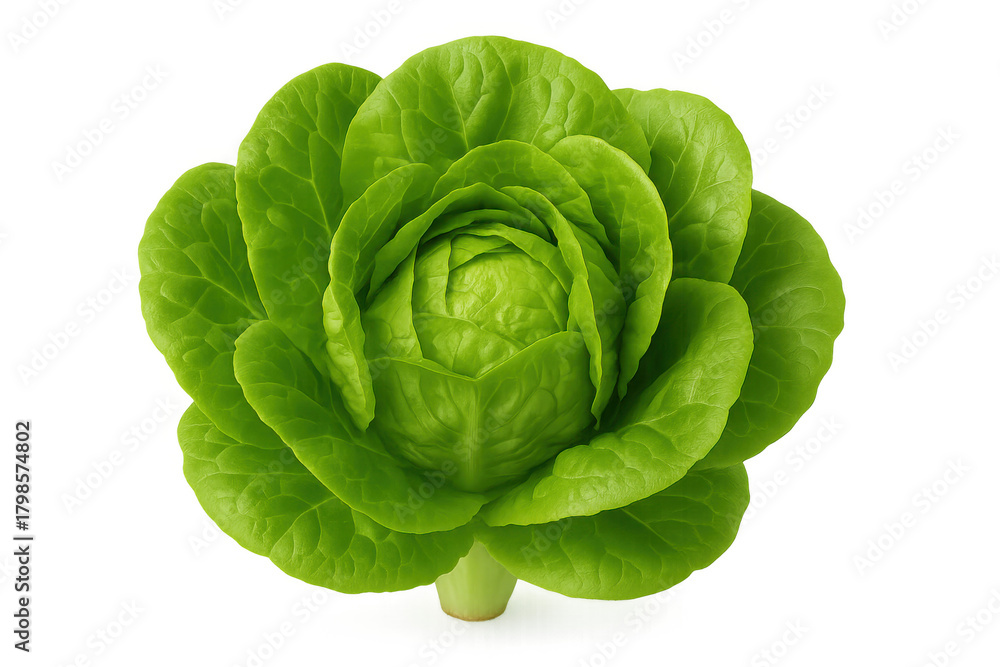 Obraz premium Fresh green butterhead lettuce head, whole and raw, displaying crisp leaves and vibrant color. Ideal for healthy eating