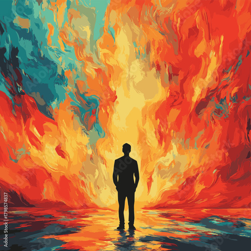 man in front of fire. brainstorming concept image in abstract impressionism style. Generative Ai.   , vector style simple color