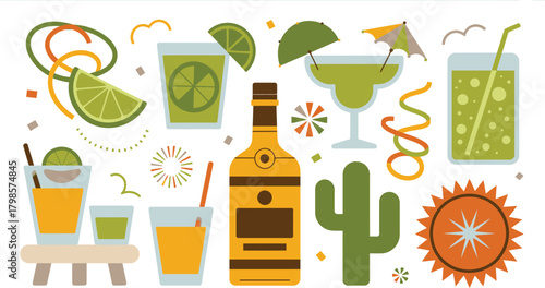 Bright Tequila Bottle with Drinks, Cactus, Sun, Limes, Umbrellas Flat Design