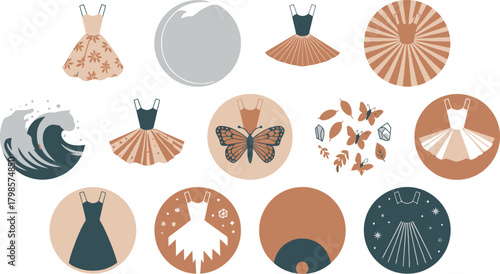 Bohemian Style Fashion and NatureInspired Icon Set with Dresses, Butterflies, Waves, and Celestial Elements