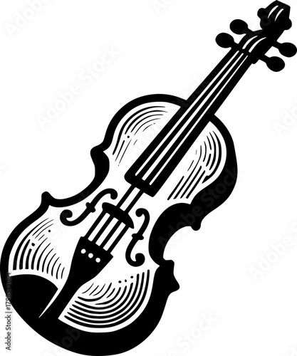 Minimalist black and white violin icon with clean lines. Simple vector design, isolated, modern, scalable, and ideal for stickers, logos, or digital use.