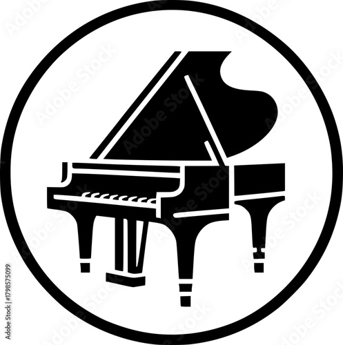 Minimalist black and white piano icon with clean lines. Simple vector design, scalable, and isolated for modern stickers, logos, or digital use.