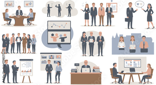 Business Meeting Set Diverse Group of Professionals Engaging in Presentations, Discussions, and Collaborative Work