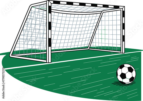 Vector Illustration of Soccer Goal and Football on Green Field, Goalpost, Net, and Sport Arena Graphic