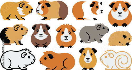 Cartoon Guinea Pigs Illustration Cute Rodents with Varied Colors and Designs on White