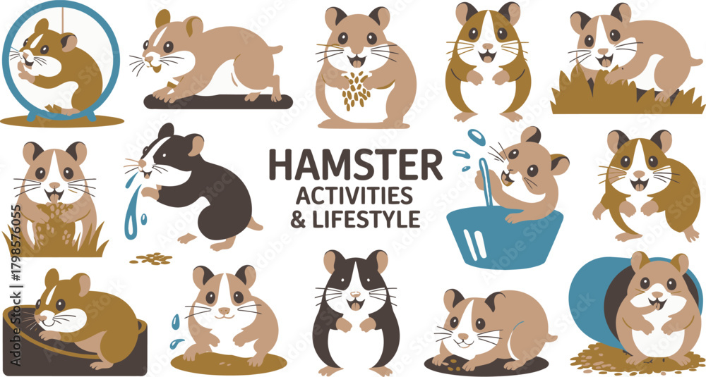 Obraz premium Cartoon Hamsters Engaging in Various Activities Running in Wheel, Eating, Playing, and Washing