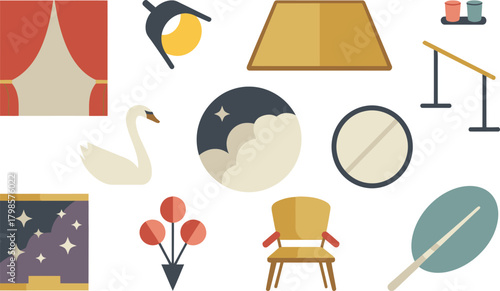 Cartoon Illustration Featuring Swan, Stage Curtains, Chair, Starry Night, Balloons, Lamp, and Easel Art