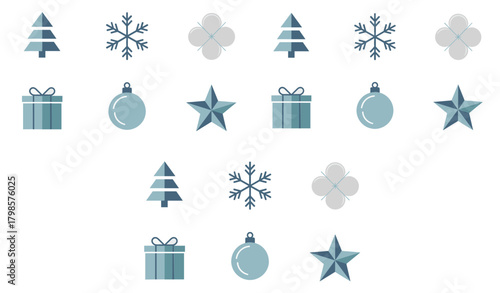 Simple and modern flat design vector icon set featuring cool blue and grey Christmas elements including trees, snowflakes, stars, gift boxes, and festive bauble ornaments, perfect for website graphics