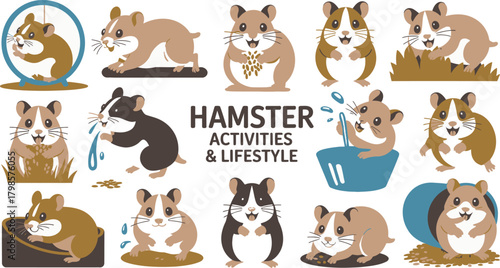 Cartoon Hamsters Engaging in Various Activities Running in Wheel, Eating, Playing, and Washing