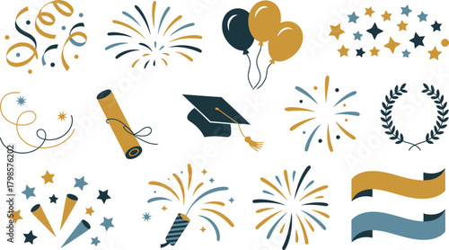 Celebration and Graduation Icons Confetti, Fireworks, Diploma, Mortarboard, Balloons, Laurel Wreath, and Ribbons Isolated on White