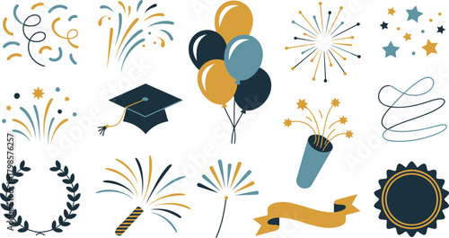 Celebration Icons Graduation Cap, Balloons, Fireworks, Stars, Ribbon, and Laurel Wreath on White Background
