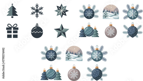 A comprehensive vector set of cool-toned Christmas and winter holiday graphics, including stylized ornaments, abstract snowflakes, stars, trees, and serene snowy landscape illustrations, ideal for sea